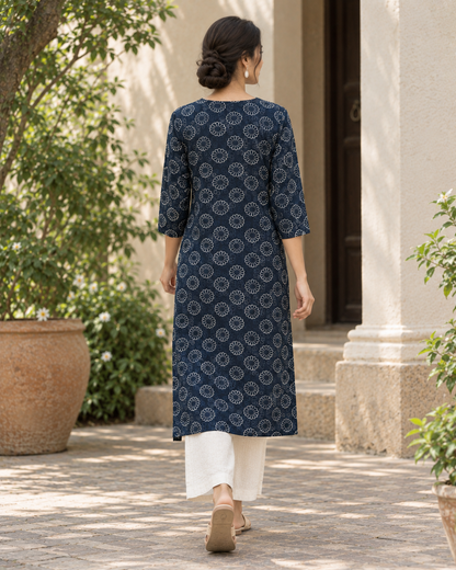 Navy Blue Floral Dabu Hand Block Printed Cotton Straight Kurta