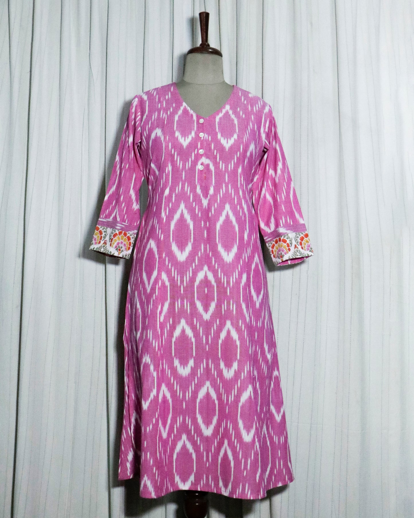 Handwoven Pink Ikat A-Line Kurta with Princess Cut & Side Pockets