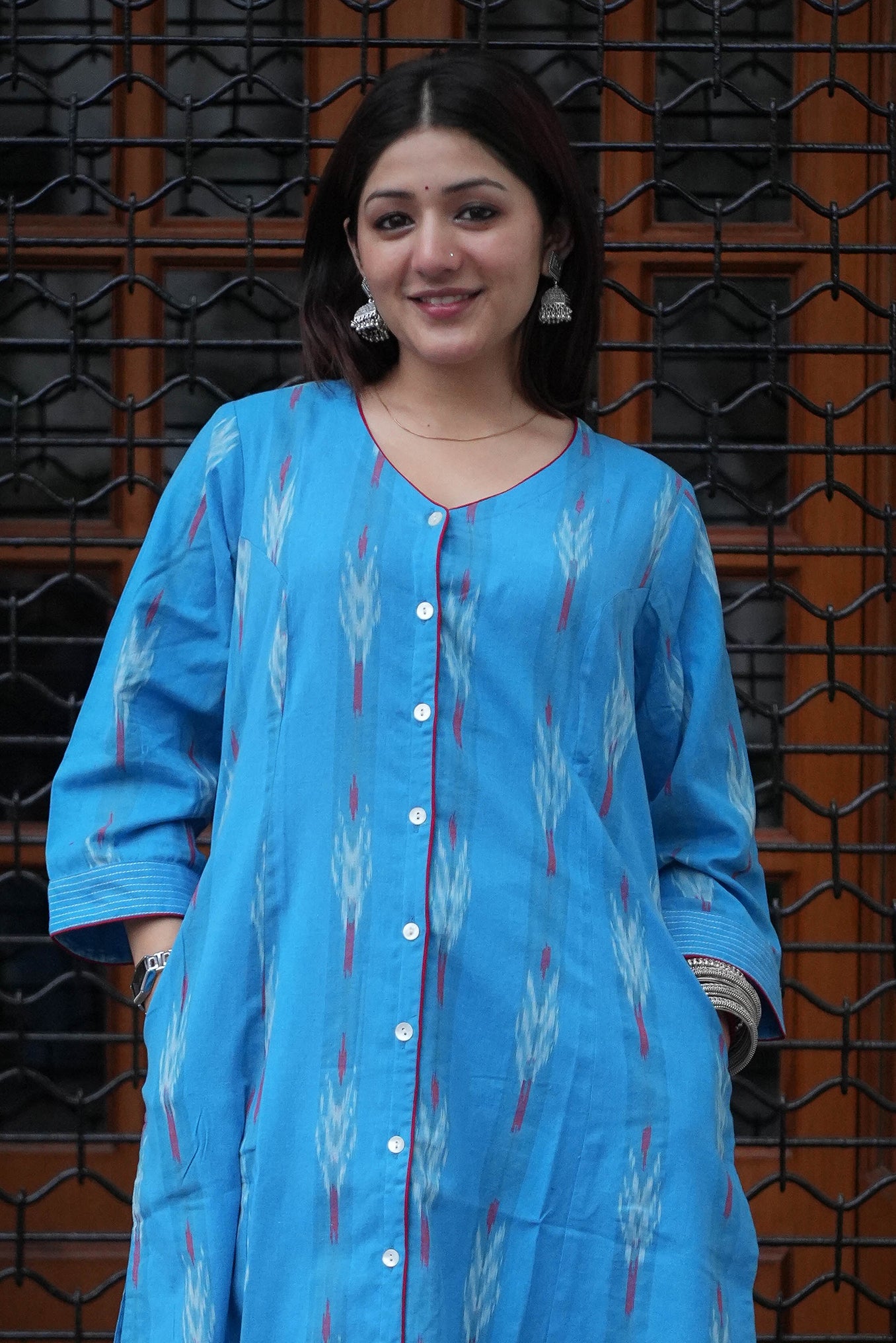 Sky Blue Handloom Ikat Front Open A-Line Kurta