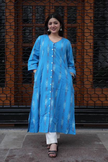 Sky Blue Handloom Ikat Front Open A-Line Kurta