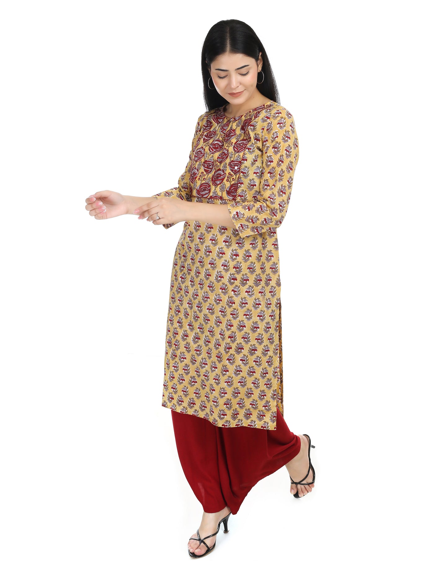 Mustard coloured  cotton handblocked straight fit cotton kurta