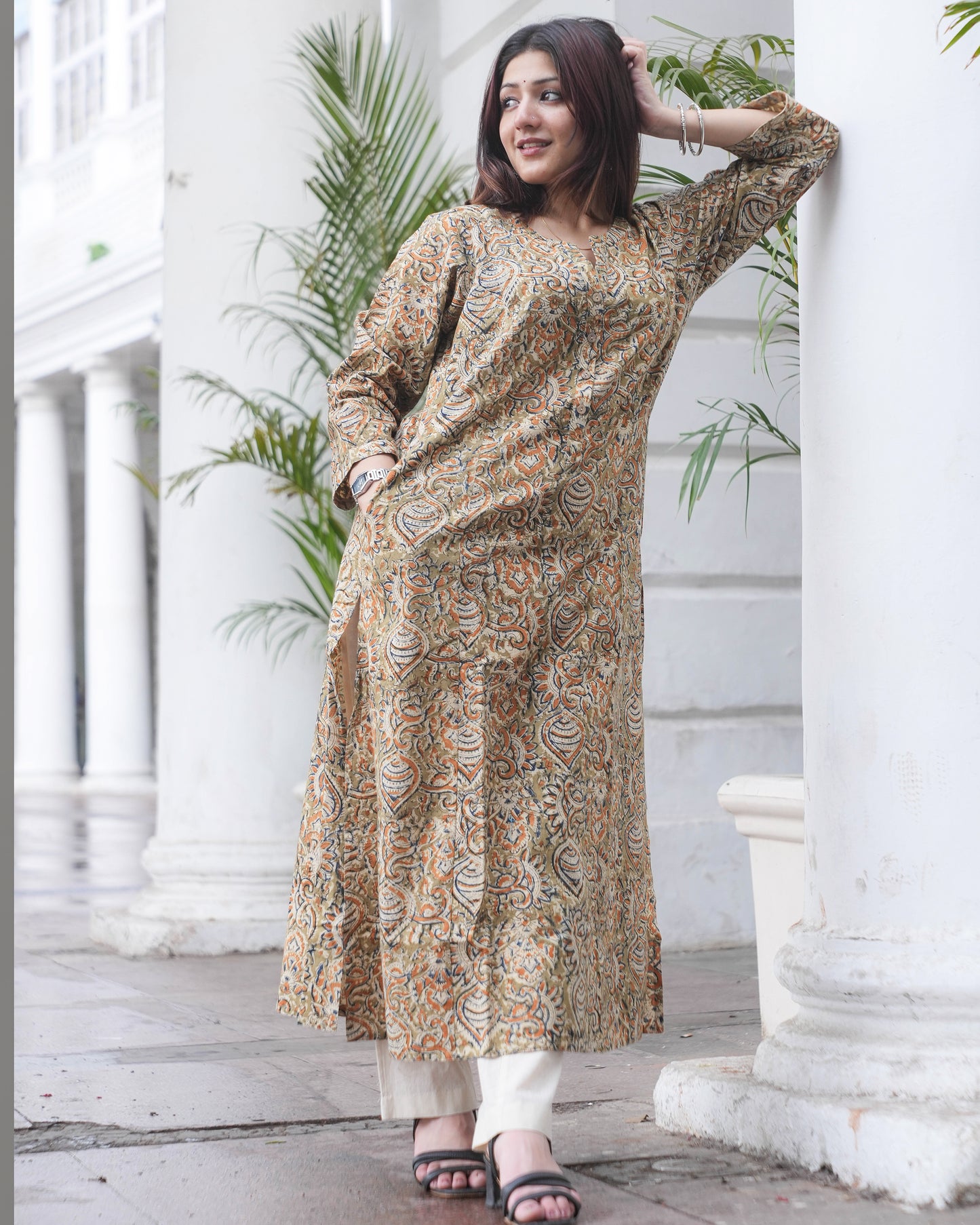 Earthy Kalamkari Handblock Cotton Kurta – A-Line Fit