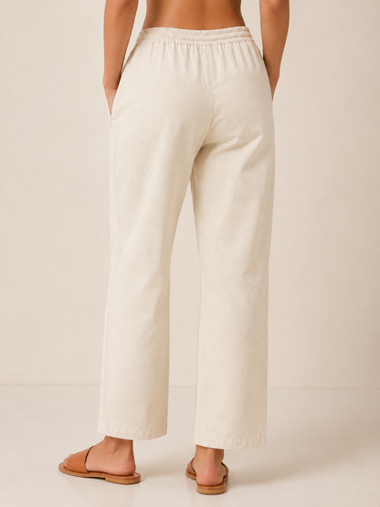 Ivory Cotton Linen Straight Fit Pants with Elastic Waist & Pockets