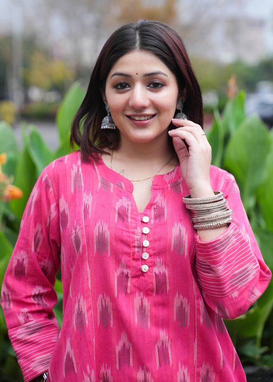 Pink Handwoven Ikat A-Line Kurta with Thread Work & Shell Buttons