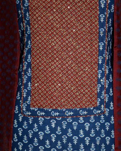 Indigo Handprinted 3 piece suit set with silk dupatta