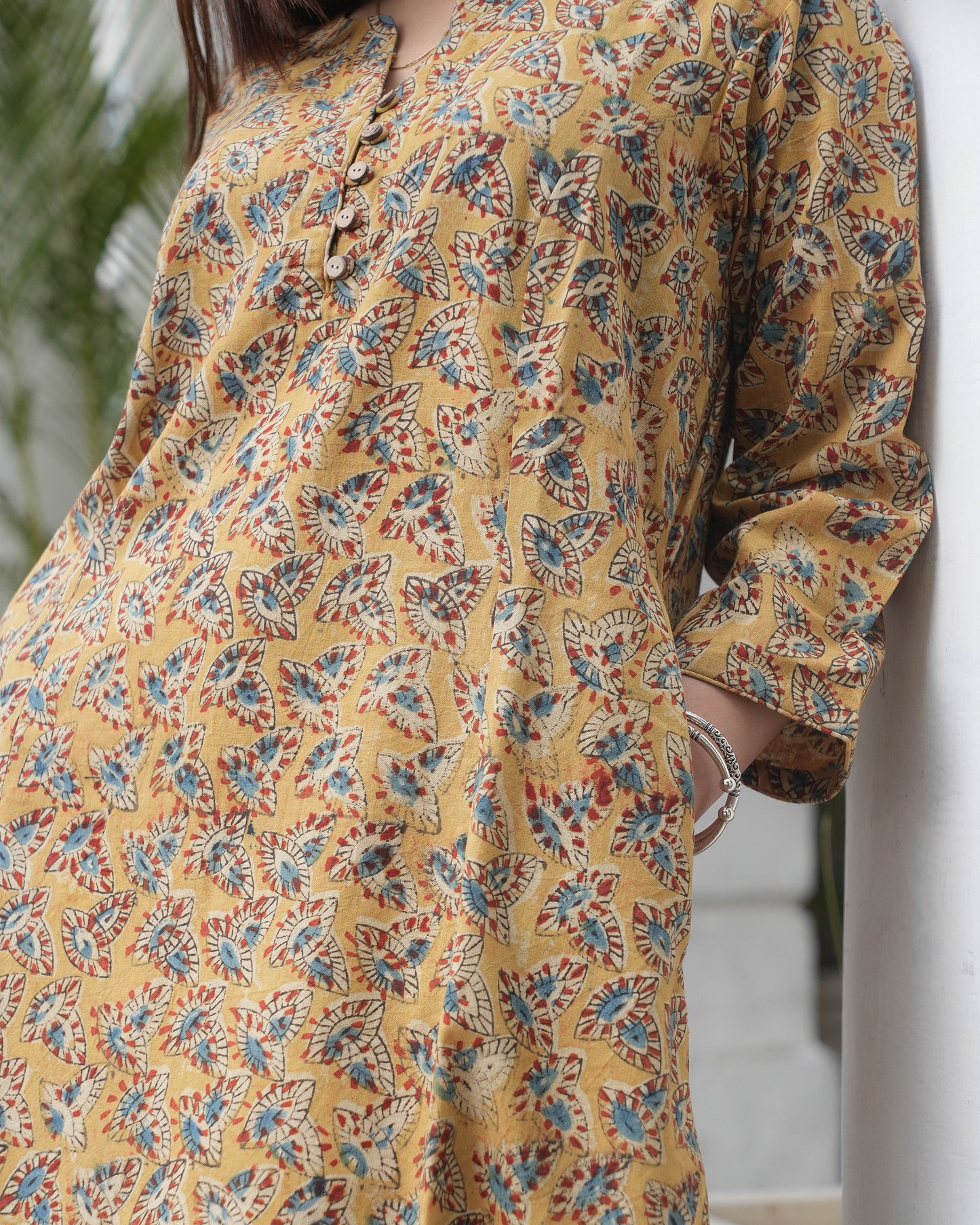 Handblock kalamkari Leaf Print Cotton Kurta  – Mustard Ethnic Everyday Wear