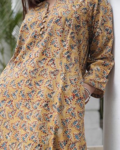 Handblock kalamkari Leaf Print Cotton Kurta  – Mustard Ethnic Everyday Wear