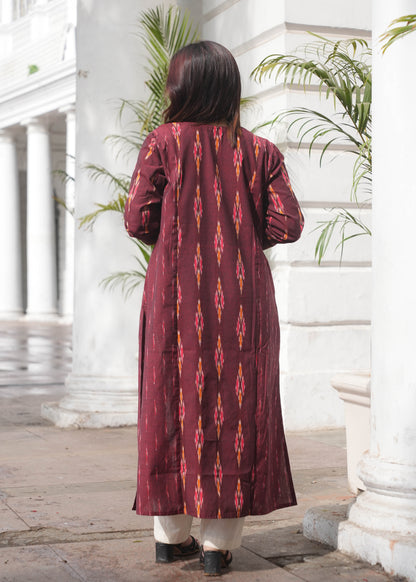 Maroon Handloom Ikat Princess Cut Kurta with Dual Print Design & Side Pockets