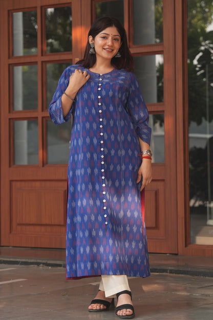 Blue Handloom Ikat Cotton Kurta for Women – Soft, Breathable & Everyday Wear