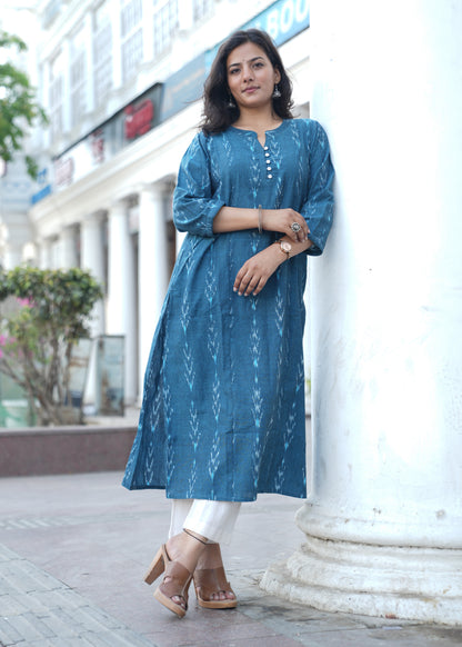 Ocean Blue Handwoven Ikat Cotton Straight Kurta for Women