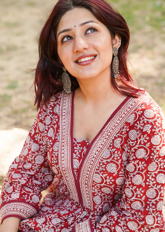 Maroon- Bagh handprinted dress with bell sleeves & pocket both side