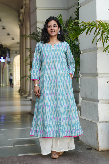 Handcrafted Pastel Ikat Long Cotton Dress