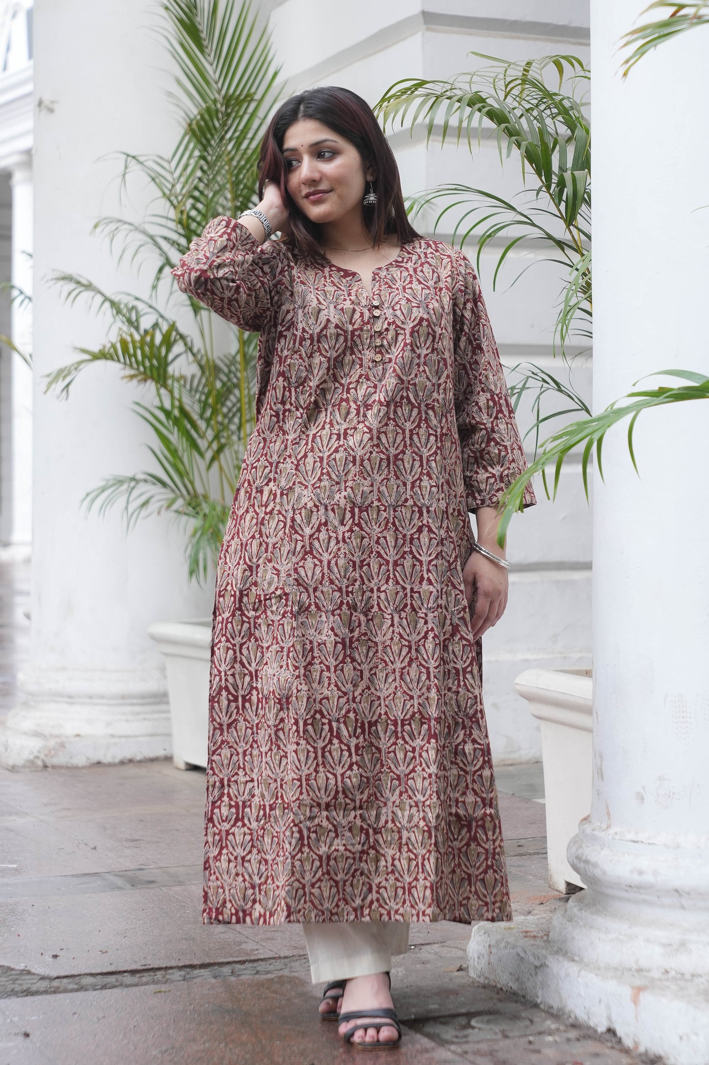 Rust Maroon Handcrafted Kalamkari A-Line Kurta