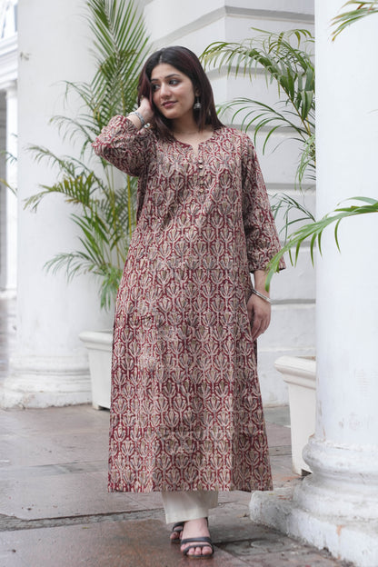 Rust Maroon Handcrafted Kalamkari A-Line Kurta