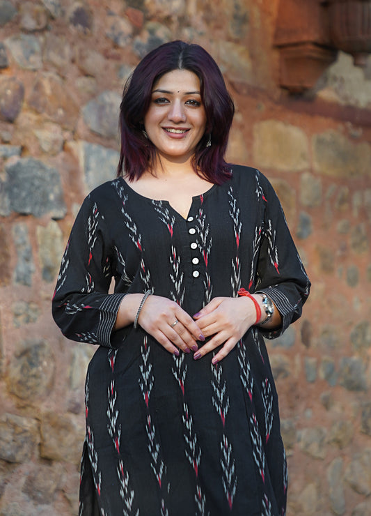 Black Ikat Handwoven Straight Fit Kurta with Thread Work & Shell Buttons