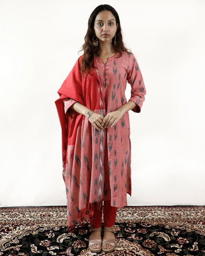Brick Blossom Ikat Suit Set – Brick kurta with red pant & shaded dupatta (brick-red)
