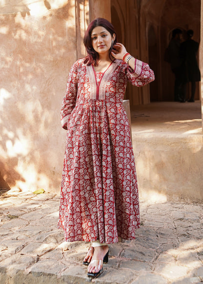 Maroon- Bagh handprinted dress with bell sleeves & pocket both side