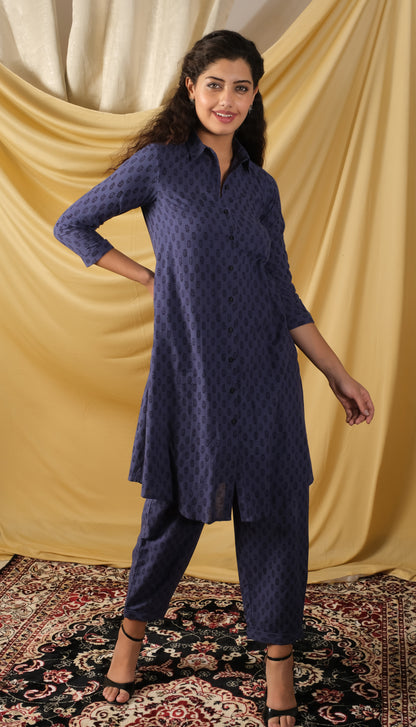 Bagh, Handprinted Indigo cotton Co-ord set, with front open shirt & straight fit pant