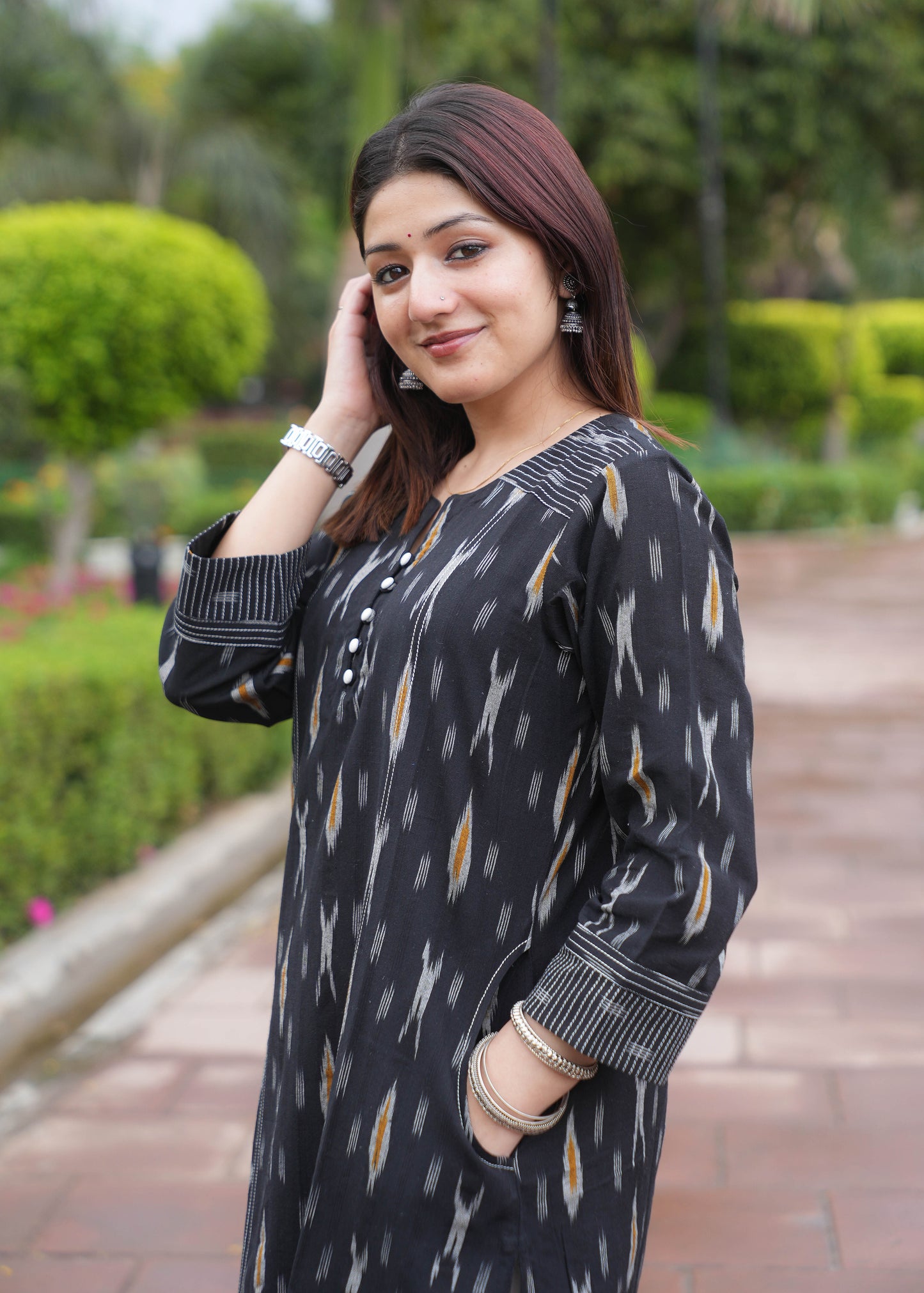 Black Handloom Ikat A-Line Kurta with Round V Neck & Loop Buttons