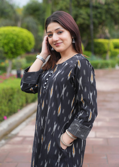 Black Handloom Ikat A-Line Kurta with Round V Neck & Loop Buttons