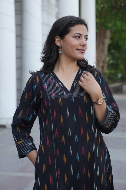 Black Handloom Ikat Cotton Kurta