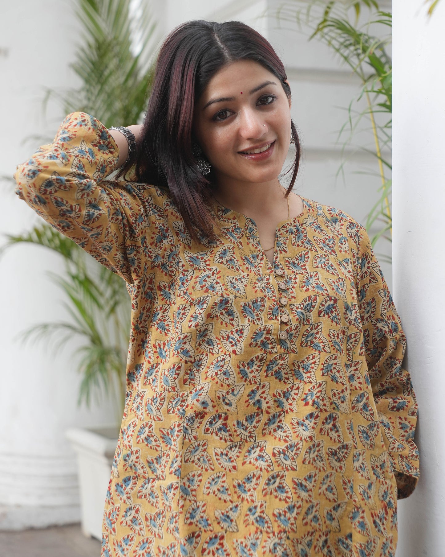 Handblock kalamkari Leaf Print Cotton Kurta  – Mustard Ethnic Everyday Wear