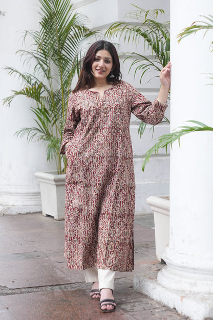 Rust Maroon Handcrafted Kalamkari A-Line Kurta