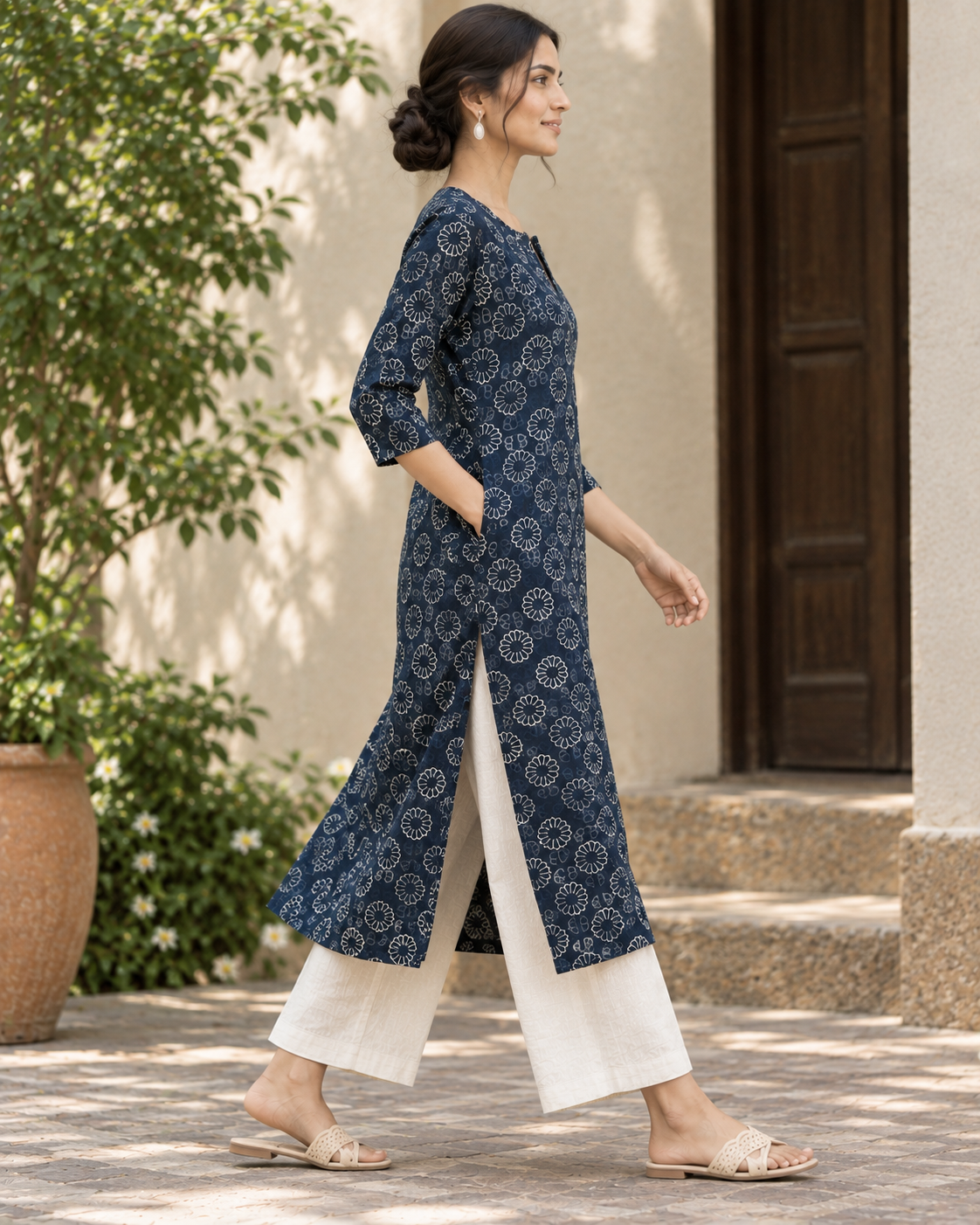 Navy Blue Floral Dabu Hand Block Printed Cotton Straight Kurta