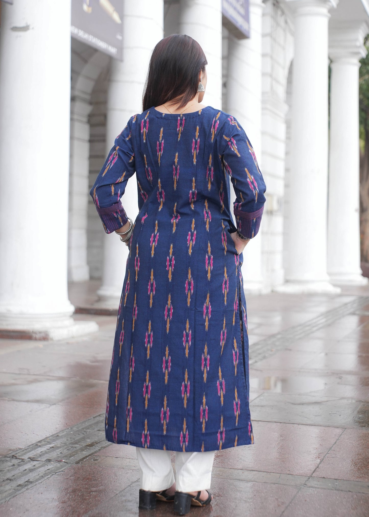 Indigo Handloom Ikat A-Line Kurta with Button Neck & Side Pockets