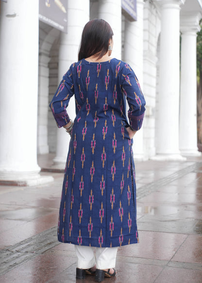 Indigo Handloom Ikat A-Line Kurta with Button Neck & Side Pockets