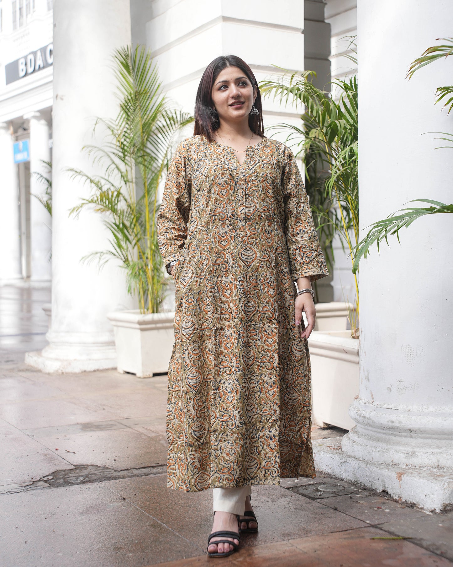 Earthy Kalamkari Handblock Cotton Kurta – A-Line Fit