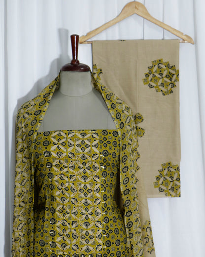 Ajrakh applique Printed Mustered Cotton 3 Piece Suit Set with mul-mul dupatta