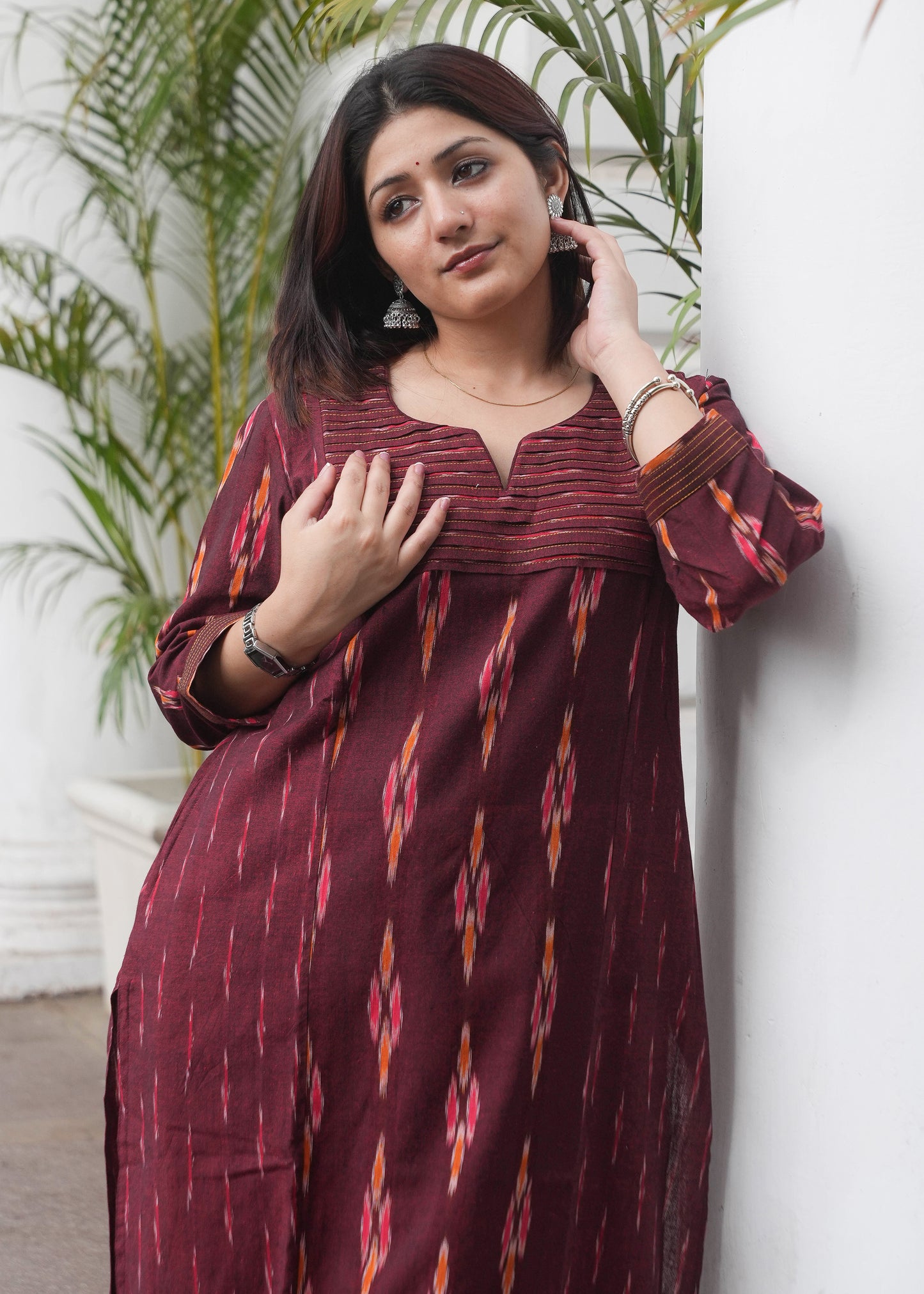 Maroon Handloom Ikat Princess Cut Kurta with Dual Print Design & Side Pockets