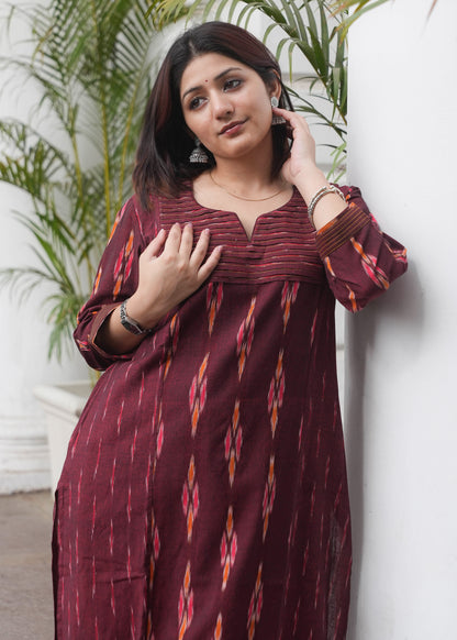 Maroon Handloom Ikat Princess Cut Kurta with Dual Print Design & Side Pockets
