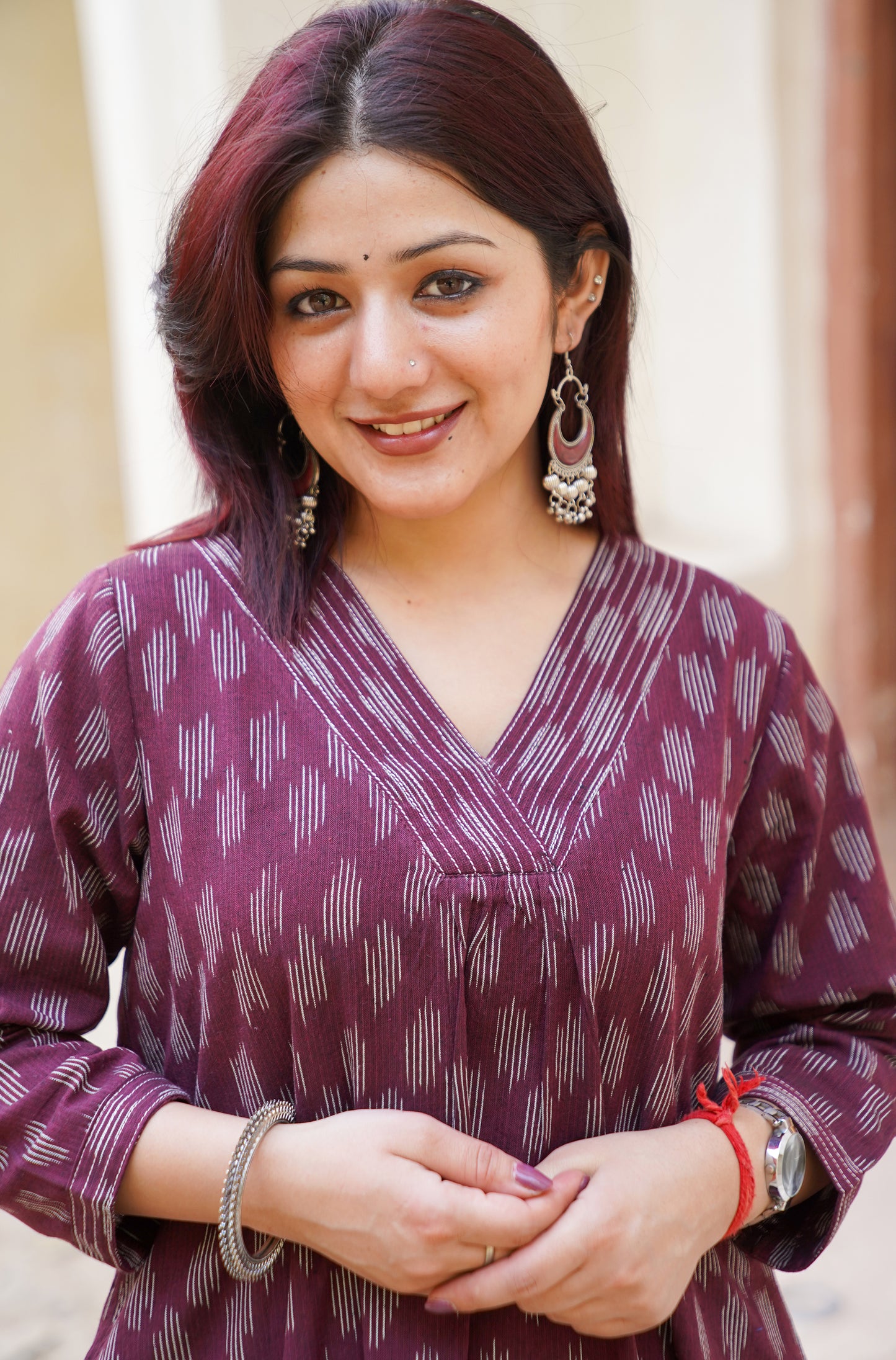 Wine Ikat Handwoven Cotton Kurta with Bell Sleeves