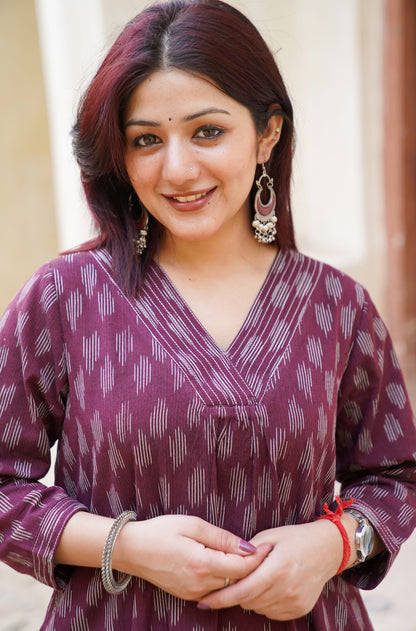 Wine Ikat Handwoven Cotton Kurta with Bell Sleeves