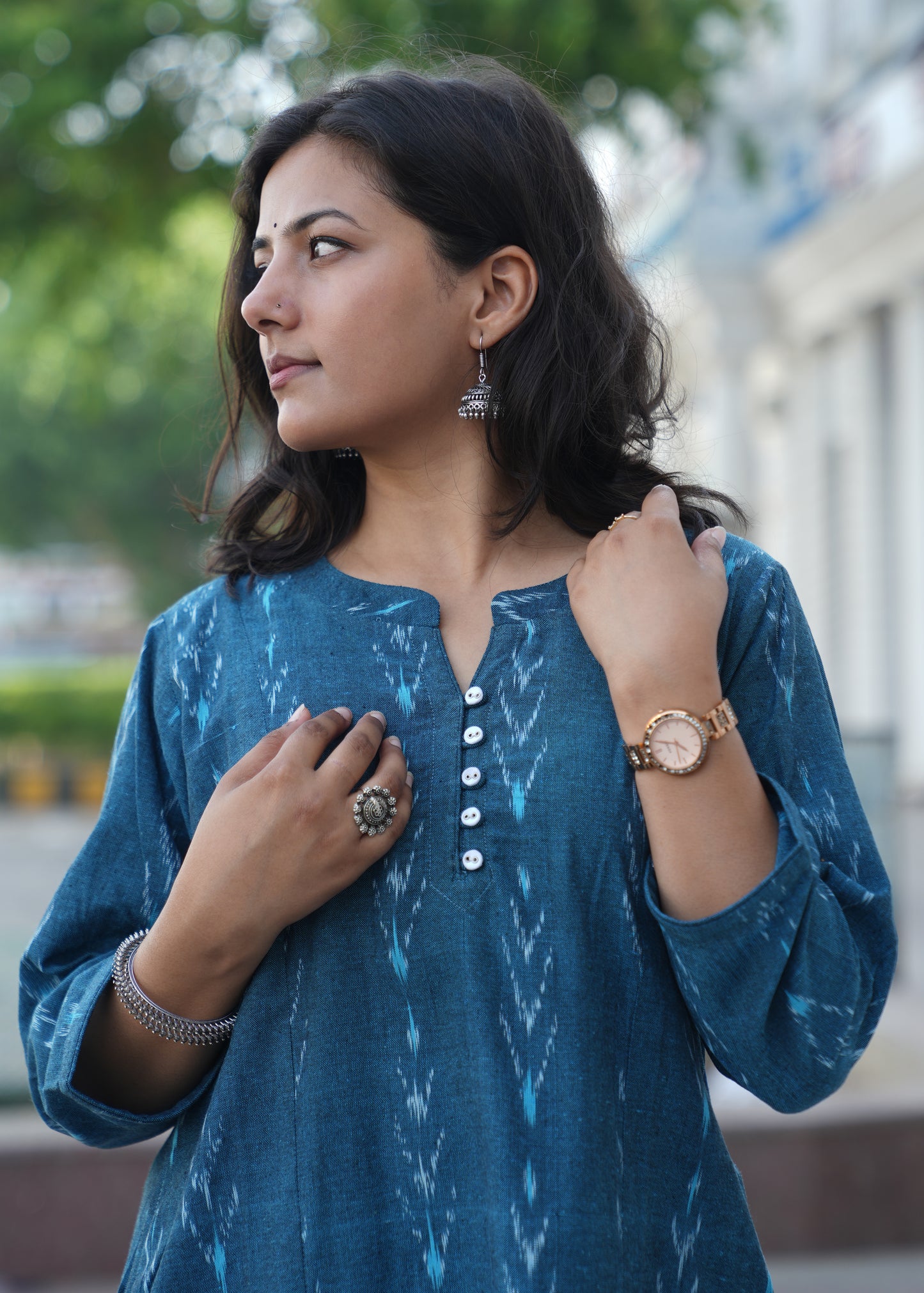 Ocean Blue Handwoven Ikat Cotton Straight Kurta for Women