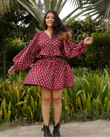 Zoya, Ajrakh Printed Cotton Skirt and Top Set