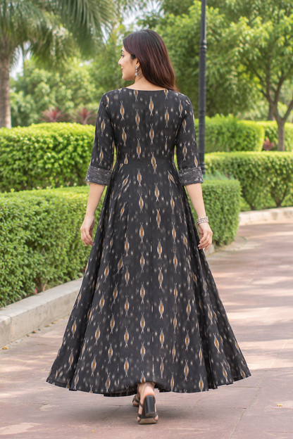 Black Handloom Ikat Flared Cotton Dress