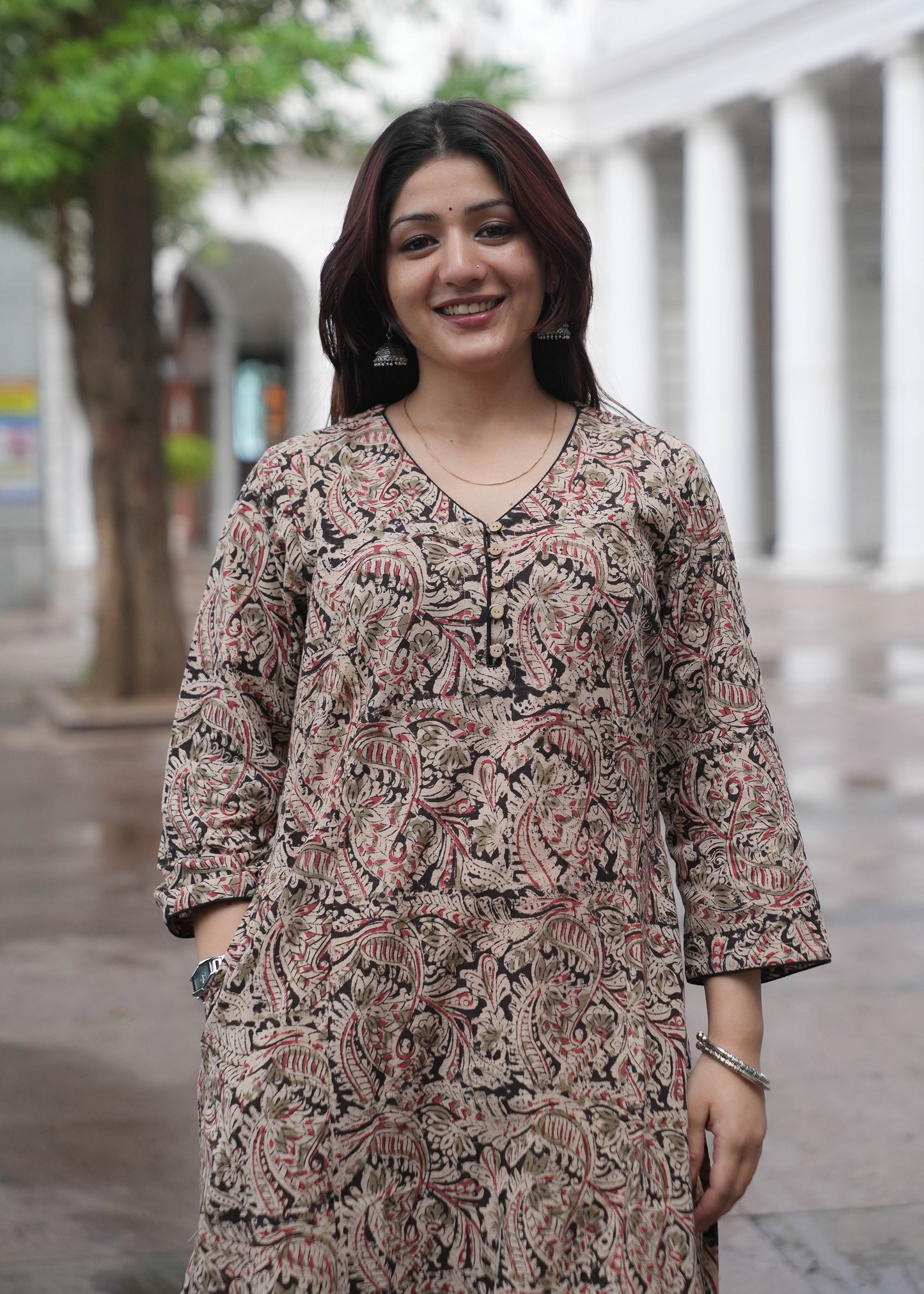Handblock Kalamkari A-Line Cotton Kurta with Potli Buttons & Black Piping