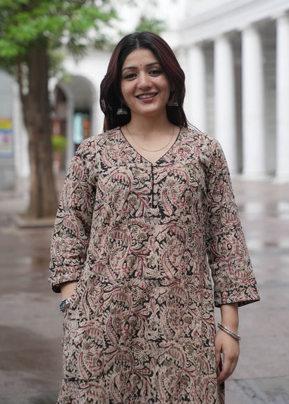 Handblock Kalamkari A-Line Cotton Kurta with Potli Buttons & Black Piping
