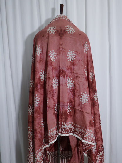 Batik Handprinted Brick colour 3 piece Silk suit set