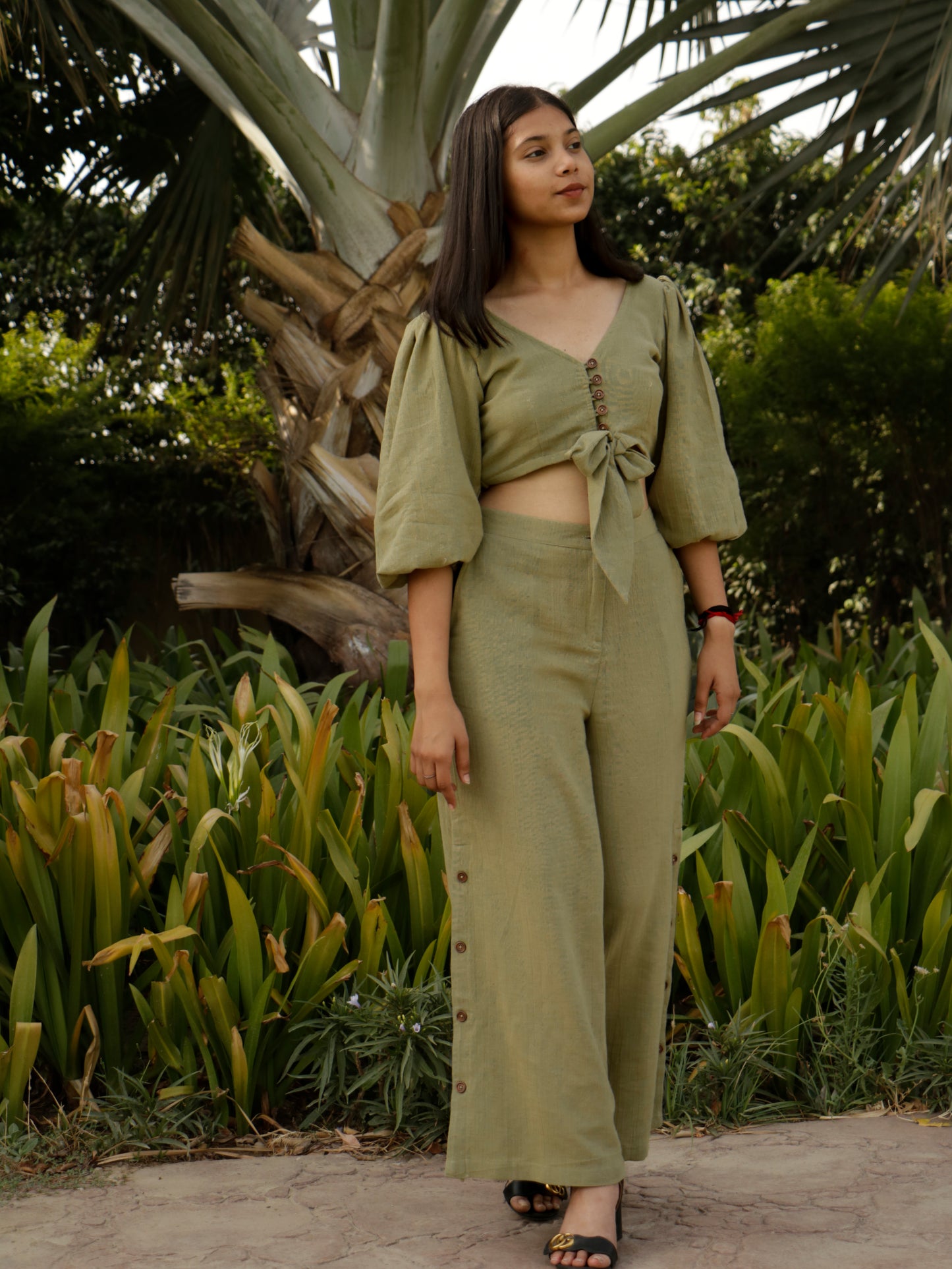 Parveen, Green Khadi Cotton Crop Top & Pant.