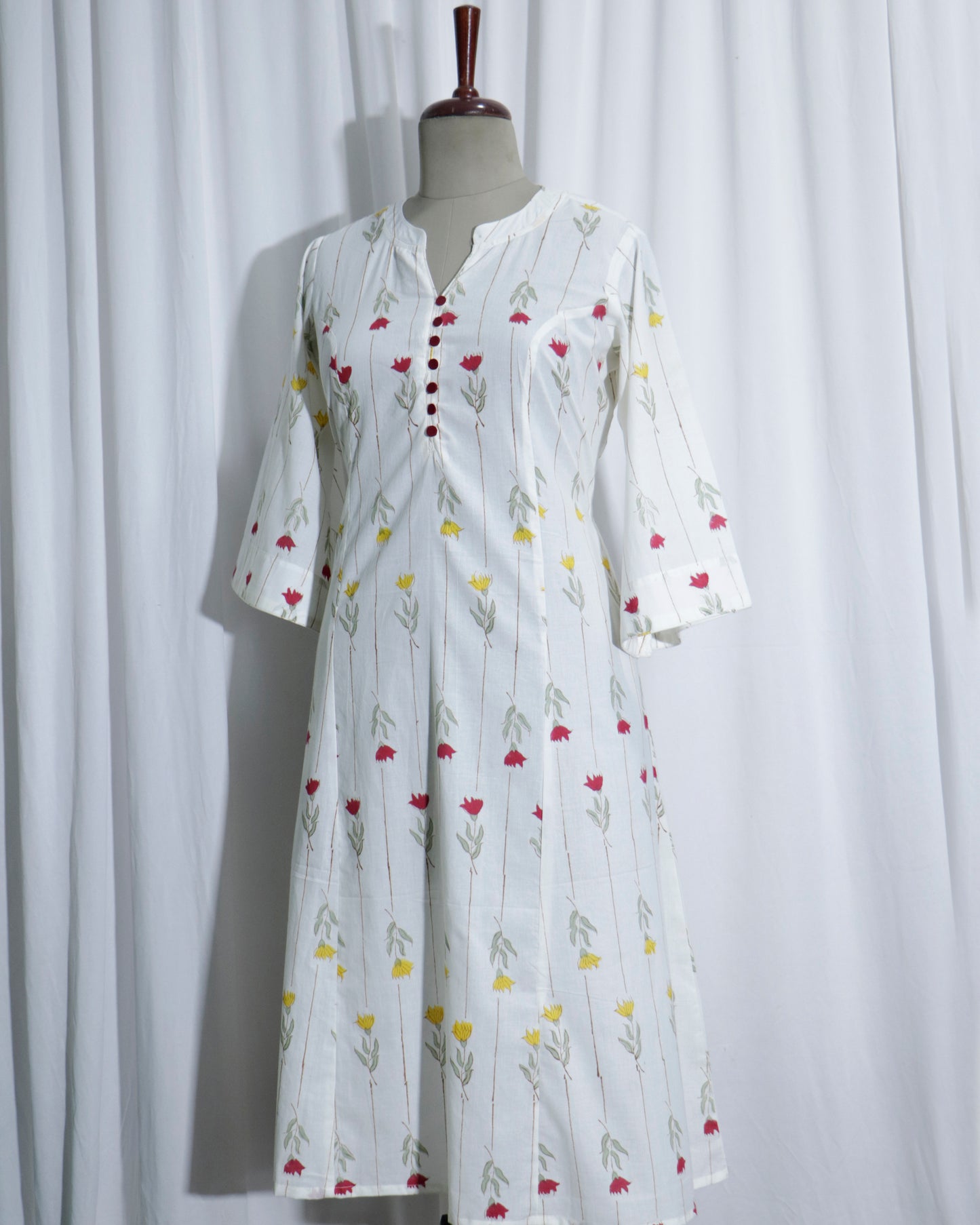 White Jaipuri Handprinted Cotton Dress with Rose Print & Potli Button Detailing
