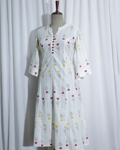 White Jaipuri Handprinted Cotton Dress with Rose Print & Potli Button Detailing