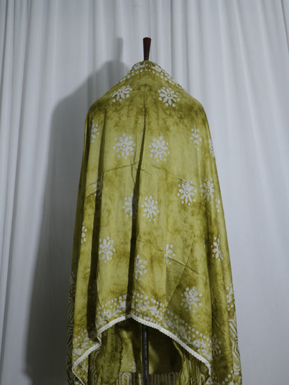 Batik Handprinted Green colour 3 piece Silk suit set