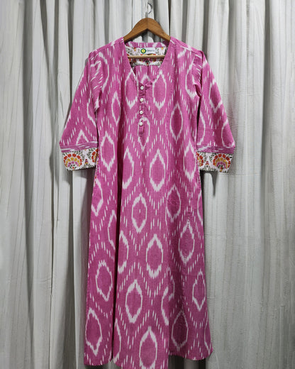 Handwoven Pink Ikat A-Line Kurta with Princess Cut & Side Pockets