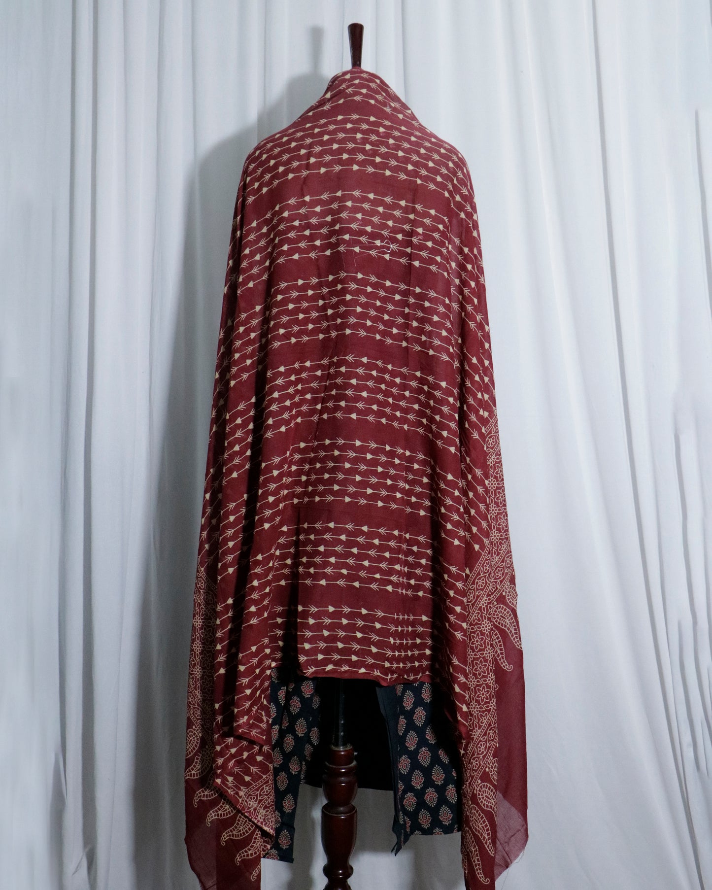 Mirror worked Ajrakh Handprinted Maroon & Black cotton Suit set with mul-mul dupatta