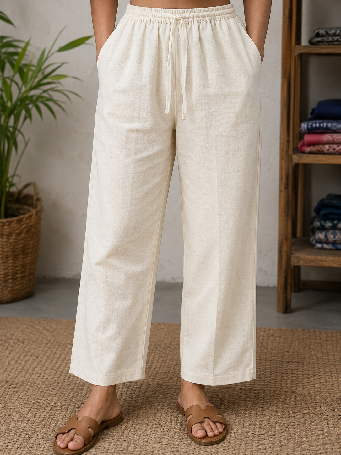 Ivory Cotton Linen Straight Fit Pants with Elastic Waist & Pockets