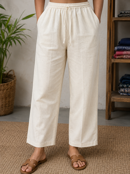Ivory Cotton Linen Straight Fit Pants with Elastic Waist & Pockets